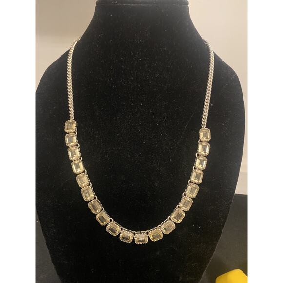 Vtg Signed Fossil Gold Tone Emerald Cut Smokey Topaz Amber Rhinestone Necklace - Picture 1 of 5